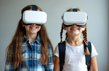 Two smiling young girls wearing VR headsets explore virtual worlds, experiencing future education, immersive entertainment. Use modern tech for fun, learning, carrying backpacks for school play.