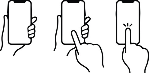 hand holding touch screen smart phone mobile line icon set vector illustration