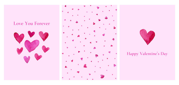 Fototapeta Set of cute Valentine's Day cards in watercolor. Romantic pink cards with watercolor hearts and inscriptions. Pink hand drawn hearts with love messages. Happy Valentine's Day.