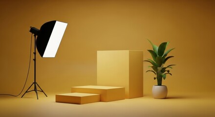 Studio setup for product photography with podium and softbox lighting
