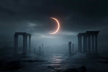 Naklejka premium Eclipse over ancient ruins, mysterious atmosphere