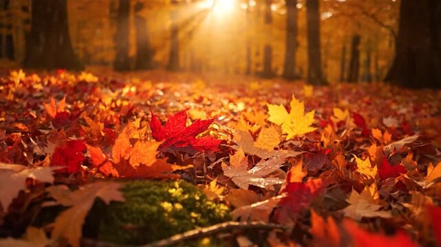 Sunlight streams through trees onto a forest floor covered in vibrant red, orange, and yellow leaves