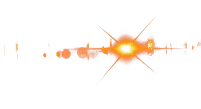 Warm orange and red lens flares on dark background, glowing orbs and refractions like sunset through glass, cinematic light streaks, artistic abstract lighting, high contrast dark aesthetic. clean PNG