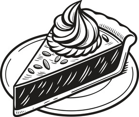 Slice of homemade dessert pie with crust and rich filling, topped with whipped cream and nut pieces, served on a round plate, drawn in vintage woodcut engraving style vector illustration