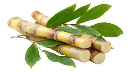Fresh sugarcane stalks with green leaves isolated on transparent background.