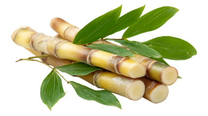 Fresh sugarcane stalks with green leaves isolated on transparent background.