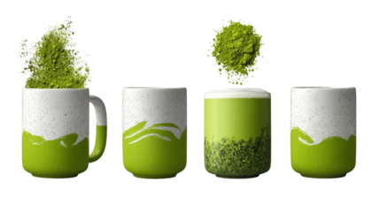 Four green painted mugs are arranged together arrangement shows three mugs painted with vibrant green hue