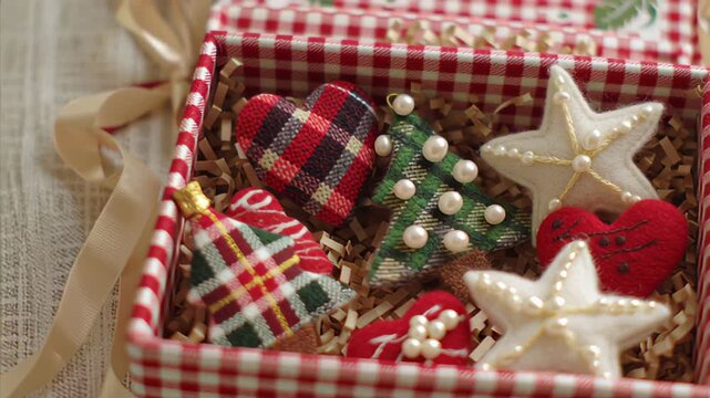 Festive handmade Christmas decorations in a gingham box for holiday cheer