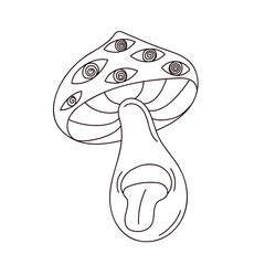 Psychedelic mushroom character in groovy line art style. Fly agaric with hypnotized eyes isolated on a white background.