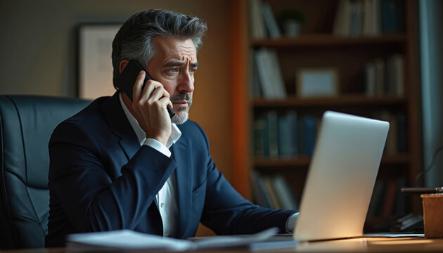 Worried businessman talks on phone at office desk with laptop open. Man frowns, stressed about work, with bookshelves in background. Serious man, business problems, communication issues.