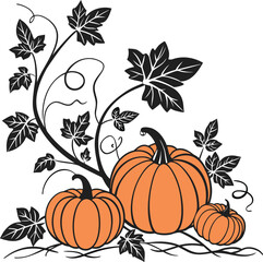 Stylized vector illustration of three vibrant orange pumpkins of different sizes nestled amongst intricate black autumn vines and dark decorative leaves for seasonal designs.