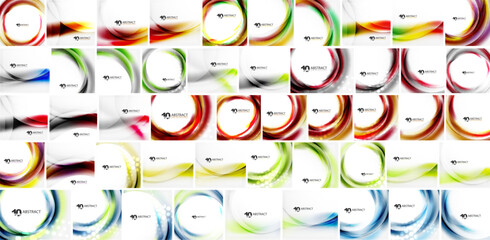 Collection vibrant abstract backgrounds. Swirls, curves, waves dominate designs. Colors vary, creating dynamic visual patterns.