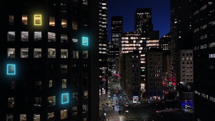 Artificial Intelligence Business Analytics Visualization on City Office Buildings at Night – Smart Data, IoT Monitoring, and Corporate Intelligence Concept. - Powered by Adobe