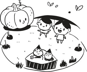 Fototapeta premium Doodle art featuring two happy young children standing next to a giant smiling halloween pumpkin in an autumn garden scene, black and white line drawing graphic icon.