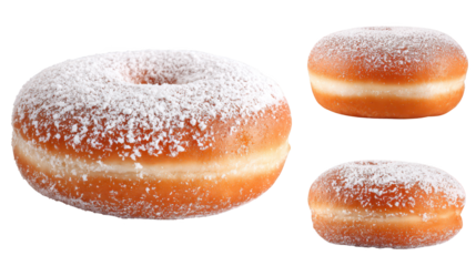 Three sugary donuts on display delicious ring shaped treats generously topped with sugar