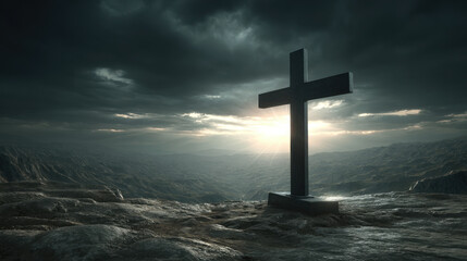 Dramatic Cross on a Hilltop. A striking image of a cross silhouetted against a dramatic sky, symbolizing faith and sacrifice, with a radiant light.