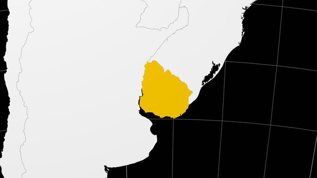 Uruguay map. Animated zoom into the country on the Globe in Black White color palette. Country logo animation. Map with meridians, parallels. Classy video.