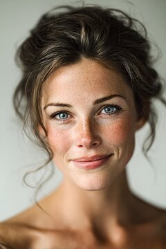 Kobieta, portret, europejska, uśmiech, pewność siebie, przyjazna, piękna, naturalna, biznes, lifestyle, modelka, studio, białe tło, soft light, jasne, optymizm, radość, sukces, profesjonalizm, reklama