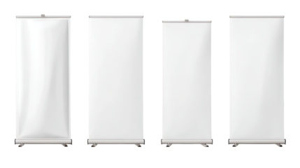 Four roll up banners on clean white background three portable vertical displays presented on white