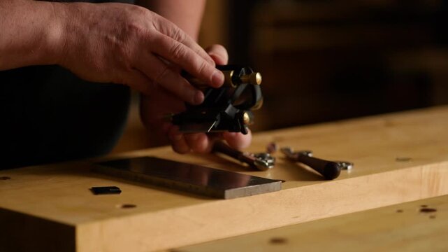 Craftsman focuses on sharpening a tool using a metal plate on a wooden workbench. The workshop is well-lit, highlighting the intricate details of the process.