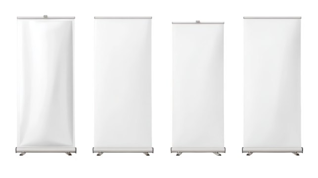 Four roll up banners on clean white background three portable vertical displays presented on white