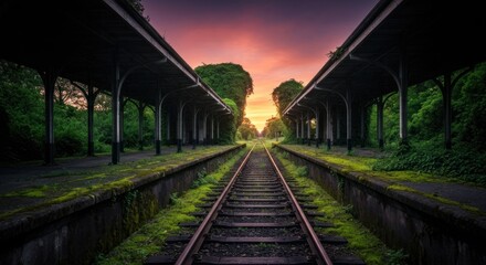 Abandoned train station with mossy platforms, glowing sunset on tracks