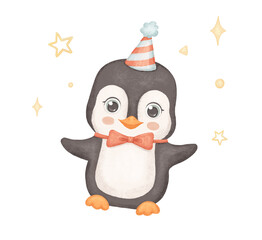 Penguin in party hat. Cute animal isolated on white background. Childish watercolor illustration with stars for Birthday card design.