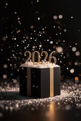 Golden 2026 numbers emerging from a luxury black gift box with elegant sparkle and depth