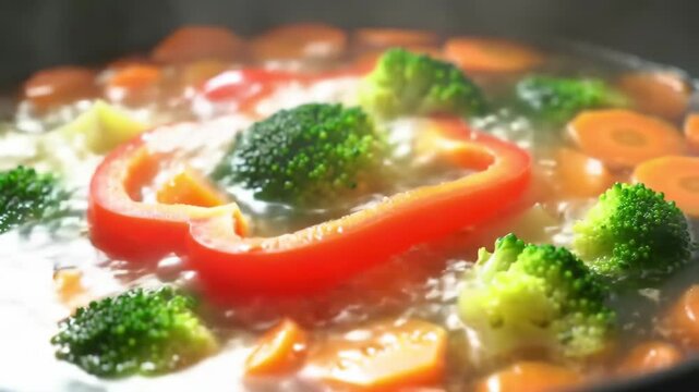 Steaming vegetables in cooking pot, cooking process, kitchen setting, for culinary recipe or food blog
