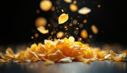 Golden petals fall gently onto a pile of flower petals. Soft bokeh lights and dark background create a magical atmosphere. Represents nature delicate beauty and fleeting moments.