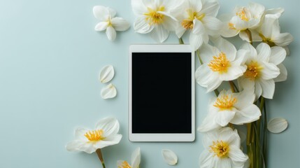 Spring technology concept with digital tablet surrounded by white flowers on pastel background