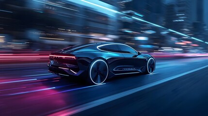A sleek, futuristic autonomous electric car gliding through a cityscape at night, with vibrant neon energy lines trailing behind it, symbolizing smart mobility and advanced technology. 