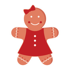 Vector illustration of cute gingerbread girl cookie figure wearing a red dress with white buttons and red bow on a head isolated on a white background.