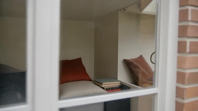 Reading Nook through the Window: Cozy corner for reading in the window with pillows and books
