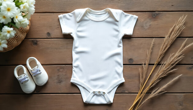 Blank white baby bodysuit lies on wooden surface. Small white baby shoes and basket of white flowers are near. Dried reeds add natural touch.