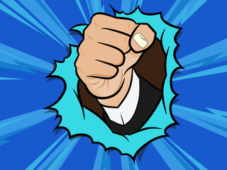 A powerful comic book style graphic of a businessman's clenched fist. Perfect for conveying power, action, strength, and challenge in a retro comic style.