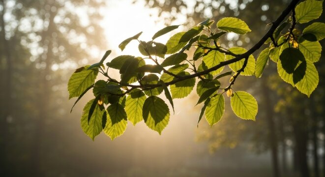 Backlit leaves on a branch, blurred forest background, soft sunlight glow