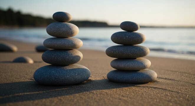 Balanced rocks on a beach, with ocean backdrop; serene, peaceful, warm light