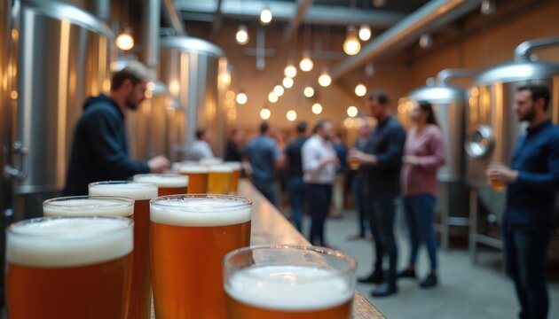 People enjoy craft beer at brewery tasting event with large steel tanks visible. Friends gather for drinks, socialize, celebrate International Stout Day. Guests sample frothy beverages in modern