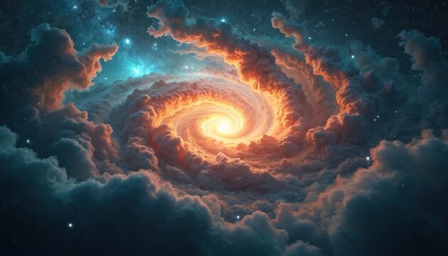 Vibrant cosmic swirl with glowing bright center and nebula clouds. Stars dot deep dark space background. Fiery orange and cool blue hues blend in this amazing galactic formation.