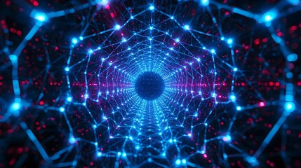 Obraz premium A mesmerizing abstract digital art piece depicting a deep, receding tunnel formed by glowing, interconnected hexagonal lights. The hexagons pulsate with vibrant blues and electric purples.