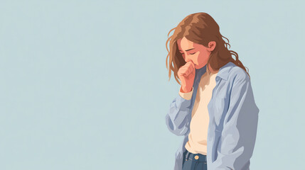 Fototapeta premium A young Caucasian woman with long brown hair stands with her head down, wearing a light blue shirt and jeans. She appears contemplative and introspective.