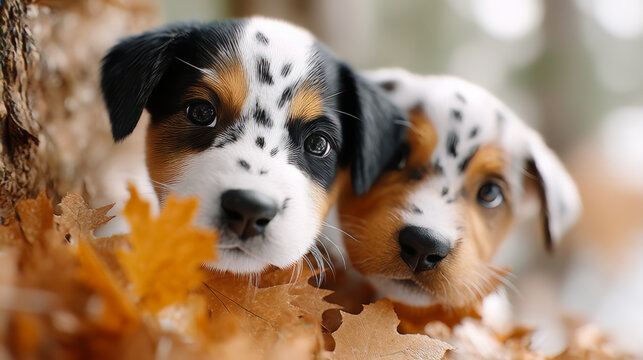 Two Adorable Puppies Exploring Autumn Leaves Photorealistic Ultra Detailed