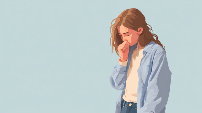 A young Caucasian woman with long brown hair stands with her head down, wearing a light blue shirt and jeans. She appears contemplative and introspective.