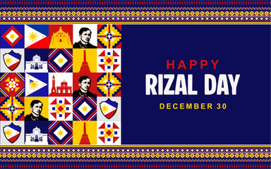Elegant Happy Rizal Day Vector Illustration template with typical Filipino pattern ornaments. Great for greeting cards, posters, banners and social media.