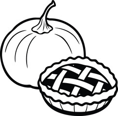 Outline illustration of autumn pumpkin and a traditional lattice crust pie, simple monochrome vector drawing suitable for fall holiday baking and thanksgiving decoration needs
