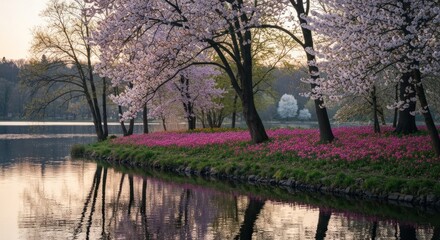 Blooming trees, pink flowers line lake shore mirroring trees in serene view