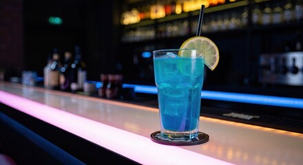 Blue cocktail drink on bar, neon lit counter