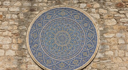 Obraz premium Blue & gold patterned round tile set into a stone wall