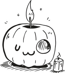 Cute hand-drawn monochrome illustration of a smiling pumpkin-shaped candle burning brightly alongside a small pillar candle, suitable for autumn and halloween designs.